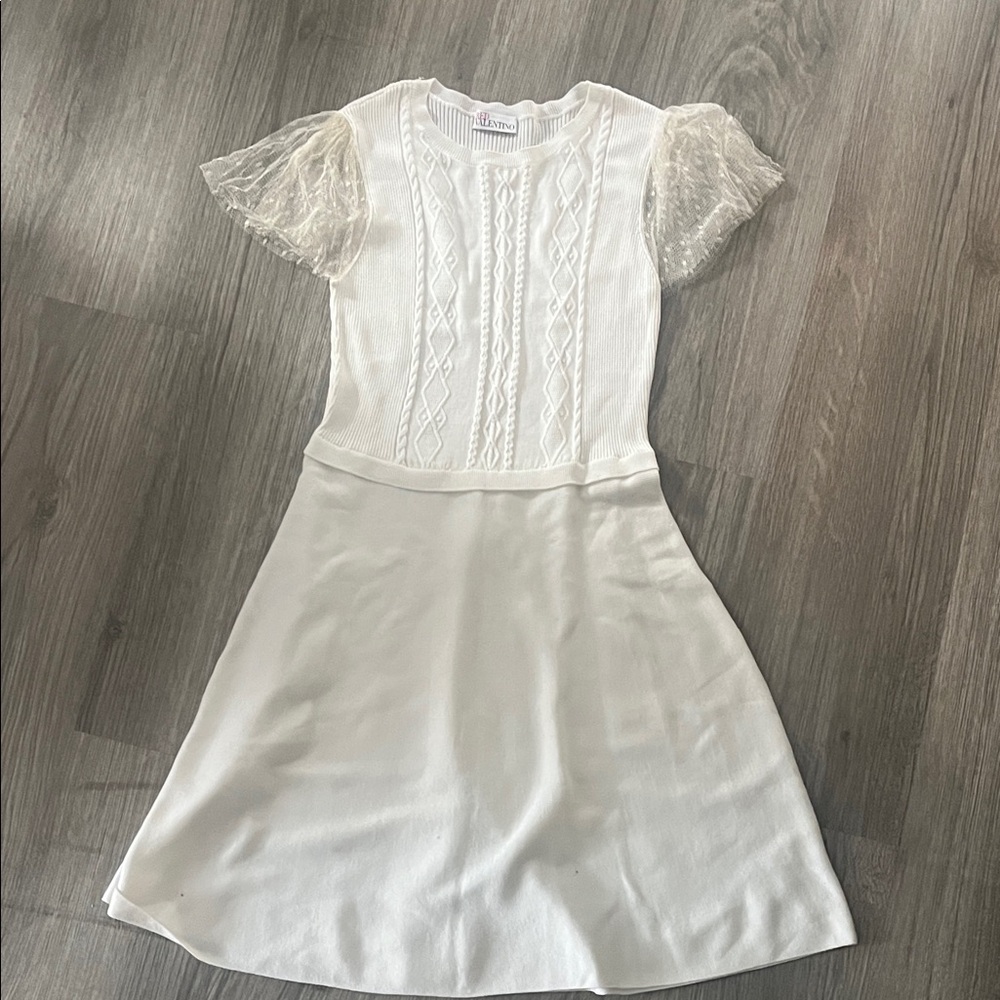 Red Valentino White Knit Dress with Lace Cap Sleeves